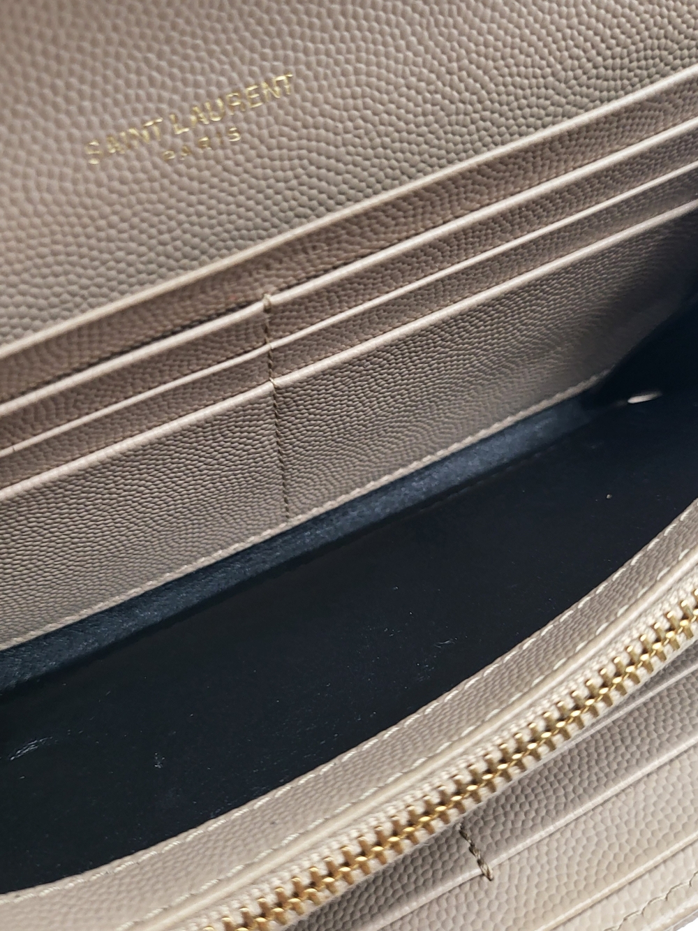 YVES SAINT LAURENT Grain De Poudre Matelasse Chevron Flap Wallet Dark Beige Auth - Picture 9 of 16